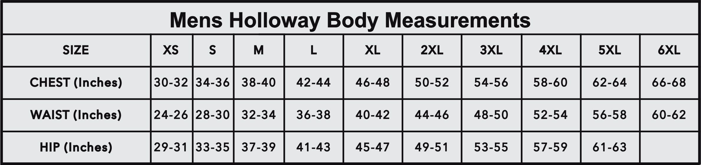 Mens Holloway chart